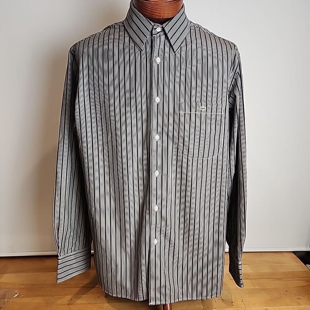 Lacoste Dress Shirt Mens 44 XL Gray Stripe Button Down Long Sleeve Preppy Cotton